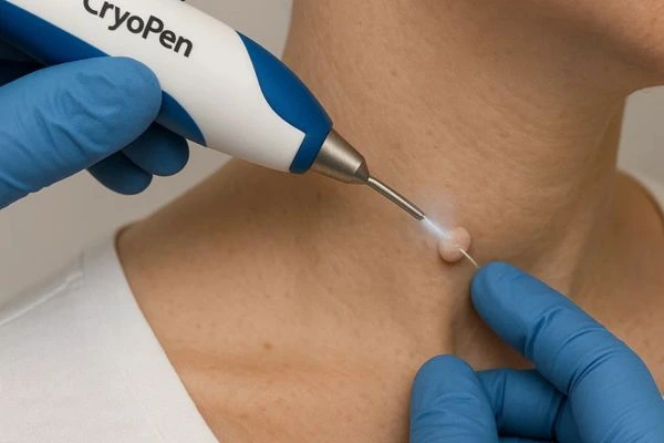 Person receiving cryotherapy Sands End for skin tag removal