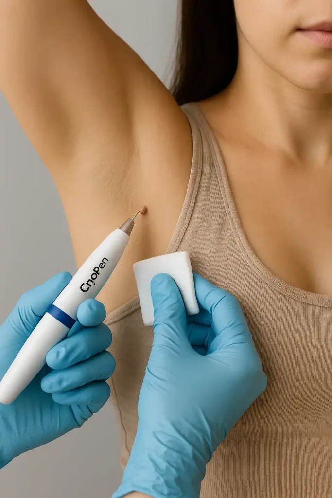 woman having cryopen to remove underarm skin tags Sands End