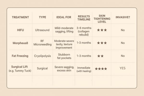 Table showing the comparisons of Skin tightening Sands End treatment options.